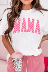 White Checkered MAMA Letter Graphic T Shirt