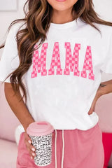White Checkered MAMA Letter Graphic T Shirt