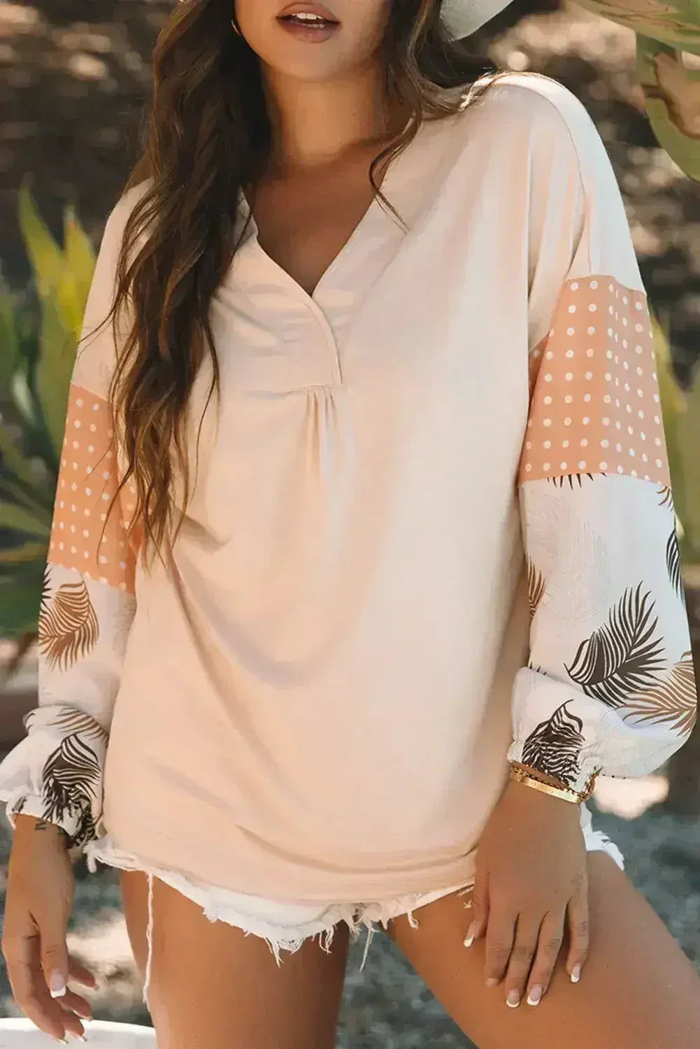 Puff Sleeve Patchwork Blouse - Tropical Print Top | Femstylo - Femstylo