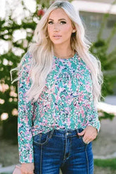 Green Floral Pleated Blouse - Relaxed Long Sleeve Top | Femstylo - Femstylo