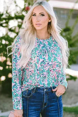Green Floral Pleated Blouse - Relaxed Long Sleeve Top | Femstylo - Femstylo