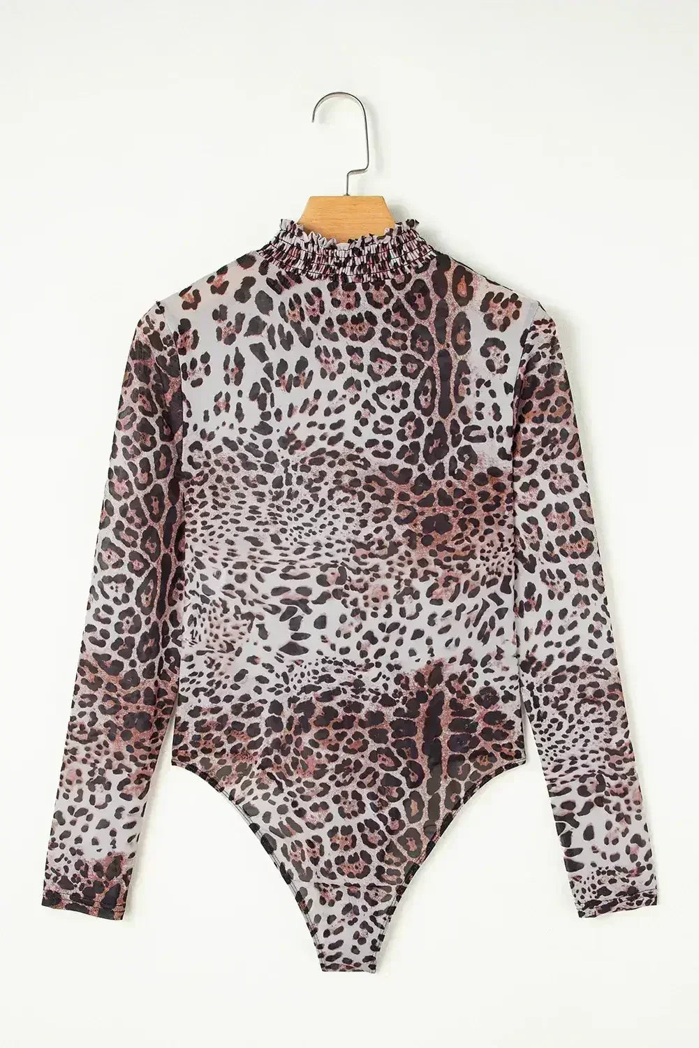 Brown Allover Leopard Print Smocked Neck Mesh Bodysuit - Femstylo