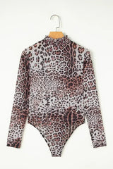 Brown Allover Leopard Print Smocked Neck Mesh Bodysuit - Femstylo