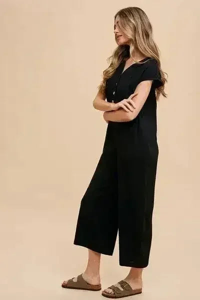 Annie Wear Button Detail Wide Leg Jumpsuit with Pockets - Femstylo