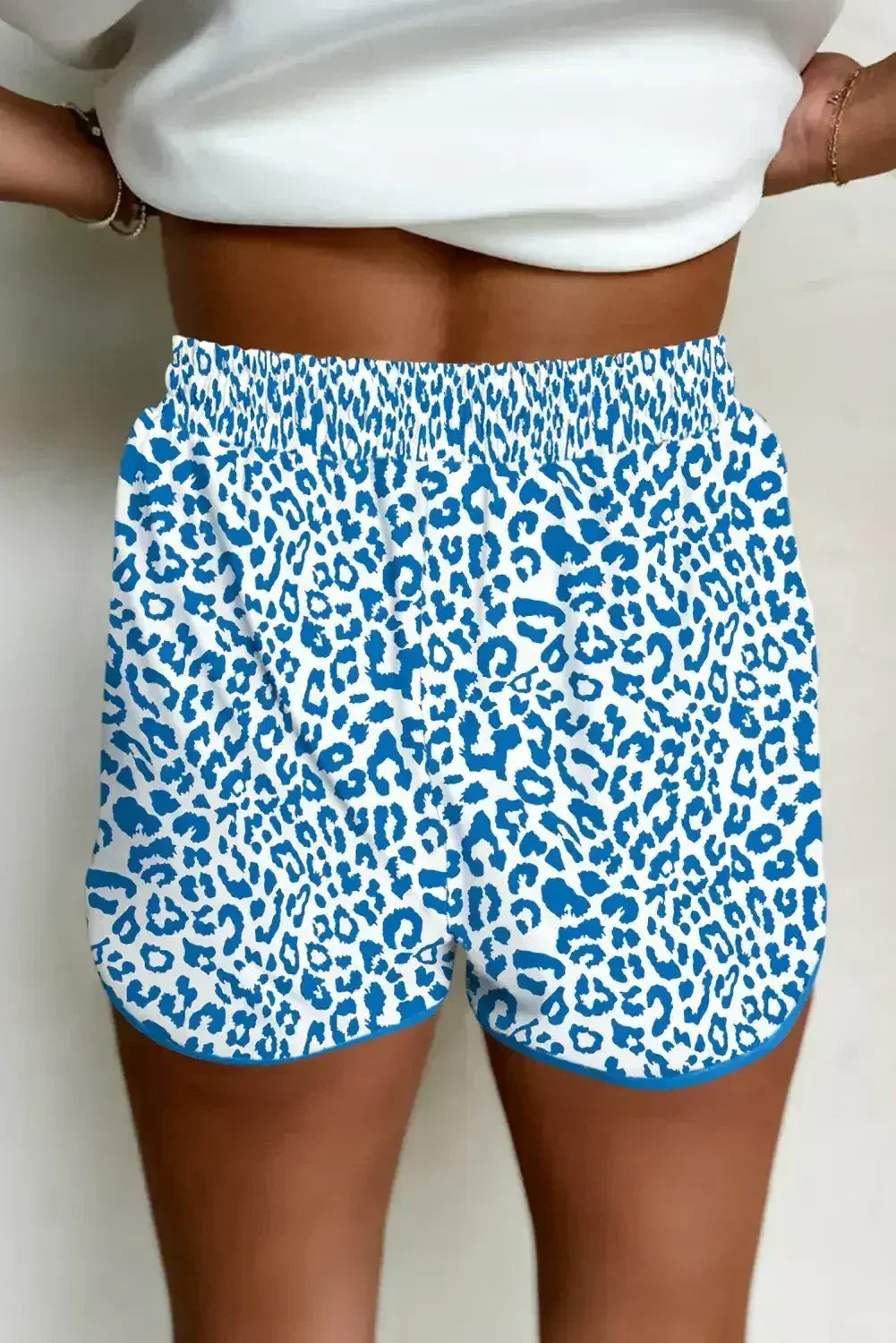 Blue Leopard Elastic Waist Lace up Contrast Trim Casual Shorts - Femstylo