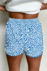 Blue Leopard Elastic Waist Lace up Contrast Trim Casual Shorts