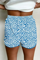 Blue Leopard Elastic Waist Lace up Contrast Trim Casual Shorts - Femstylo