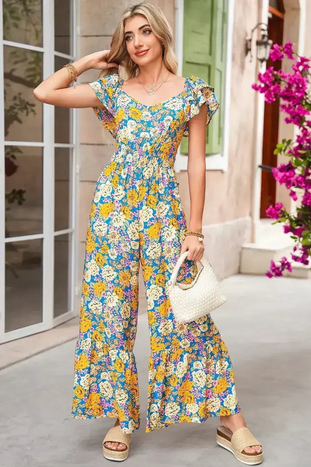 Yellow Floral Allover Print Shirred Cut Out High Waist Jumpsuit - Femstylo