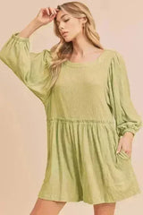 Aemi + Co Frill Round Neck Long Sleeve Romper with Pockets - Femstylo