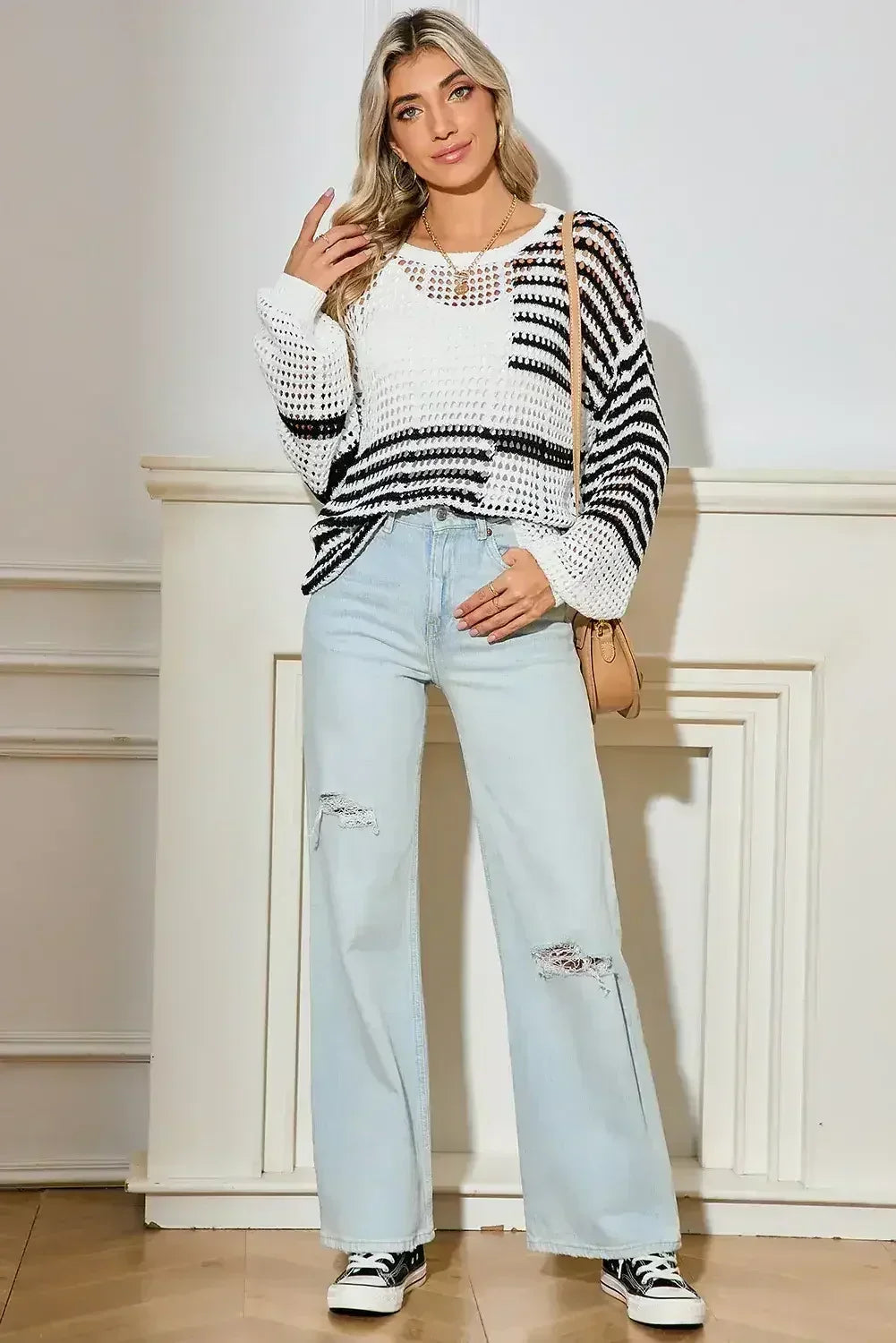 White Striped Lantern Sleeve Hollow Knitted Sweater - Femstylo