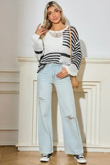 White Striped Lantern Sleeve Hollow Knitted Sweater - Femstylo