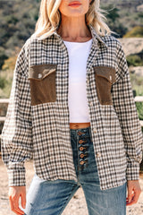 Green Contrast Corduroy Flap Pocket Patchwork Plaid Shacket