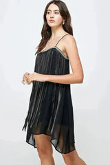 Chiffon A-Line Mini Dress with Metallic Fringe Detail - Femstylo