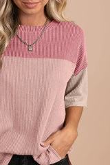 Black Color Block Ribbed Side Slits Half Sleeve Top - Femstylo