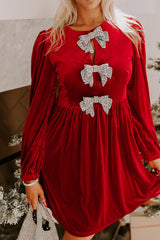 Fiery Red Bowknot Decor High Waist Velvet Mini Dress