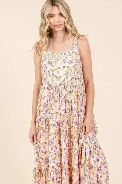 Mittoshop Flower Print Tiered Sleeveless Empire Maxi Dress - Femstylo