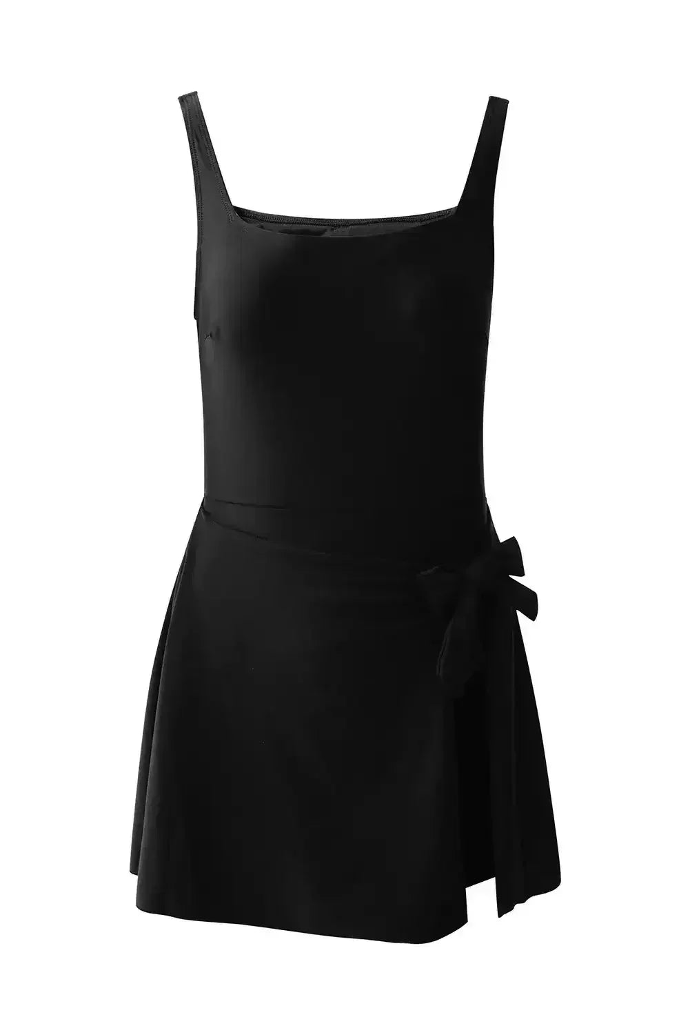Black Side Tied Waist Square Neck Adjustable Straps A Line One Piece Swim Dress - Femstylo