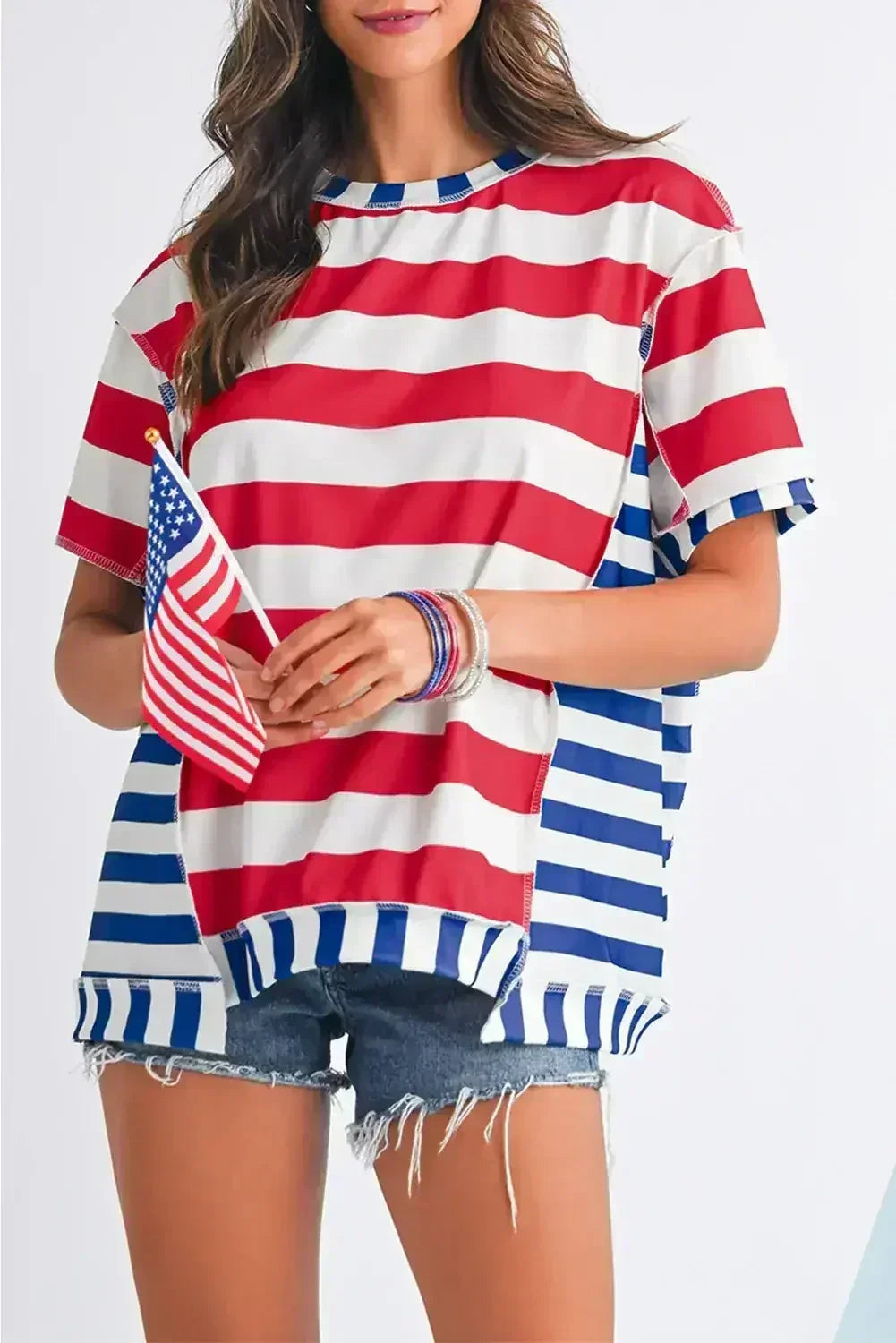 Red Stripe Loose Casual Color Block T Shirt - Femstylo