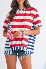 Red Stripe Loose Casual Color Block T Shirt - Femstylo