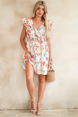 Pink Floral Ruffle Sleeve V Neck High Waist Mini Dress - Femstylo