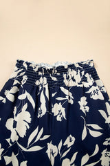 Blue Floral Smocked Frill Waist Wide Leg Pants