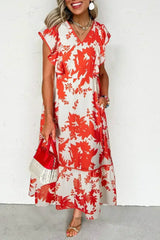 Red Floral Print Trimmed V Neck Ruffle Sleeve Maxi Dress - Femstylo