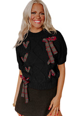 Black Plaid Lace-up Detail Christmas Holiday Puff Short Sleeve Sweater
