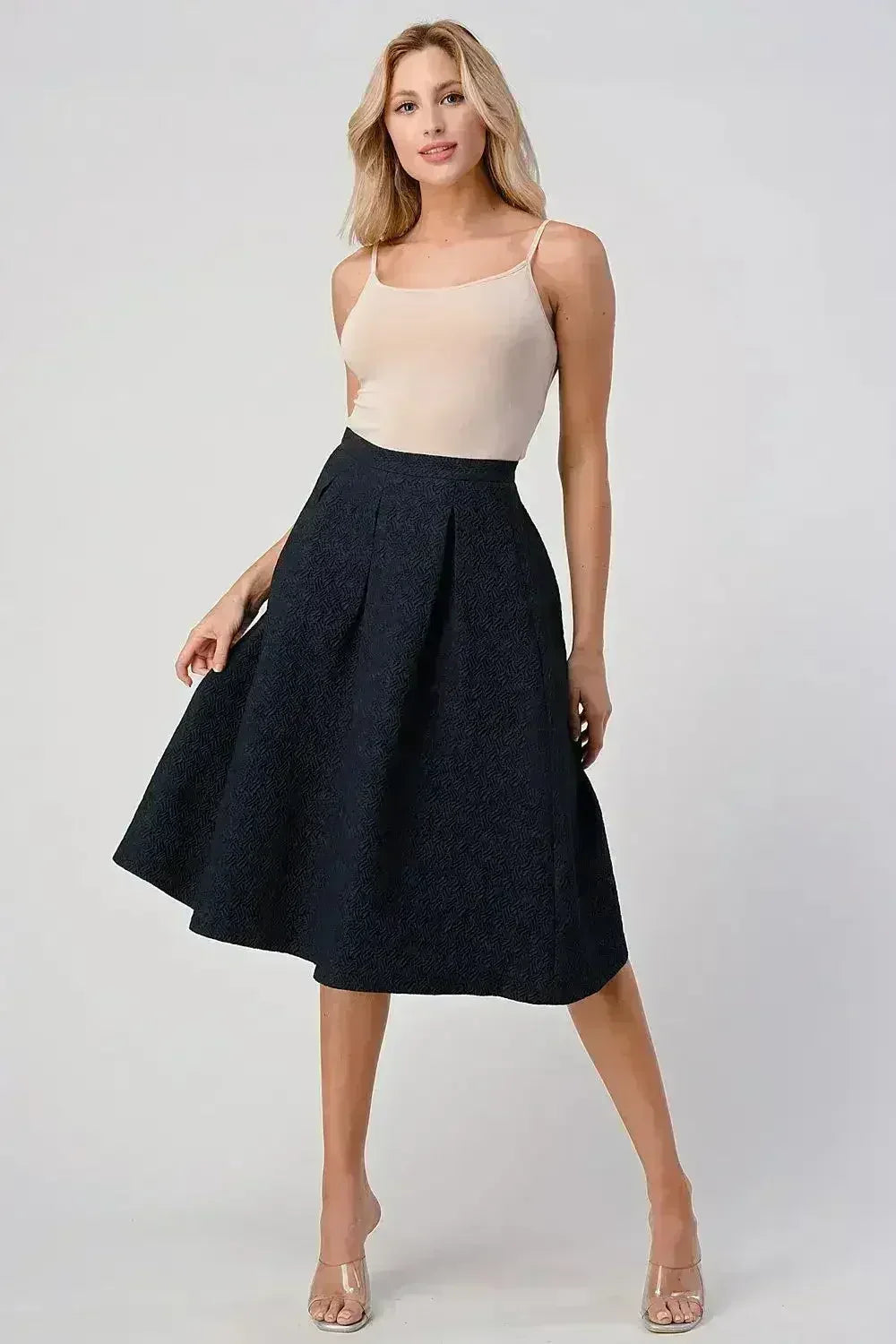 Textured A-Line Midi Skirt with Pleats - Femstylo