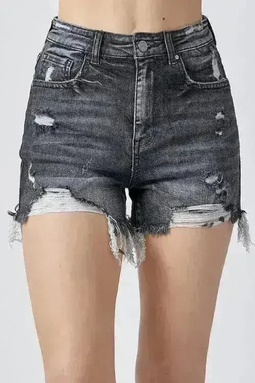 RISEN Full Size High Rise Distressed Denim Shorts - Femstylo