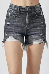 RISEN Full Size High Rise Distressed Denim Shorts - Femstylo