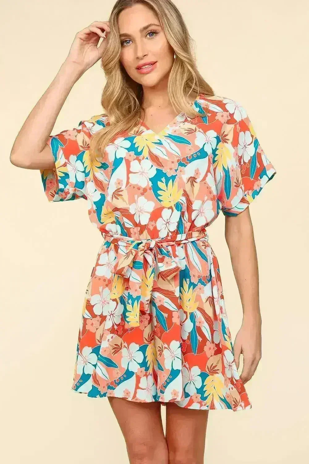 Tropical Floral Romper | Tied Waist Summer Jumpsuit | Femstylo - Femstylo