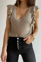 Khaki Cascading Ruffles Knit Tank Top - Femstylo
