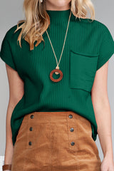 Green Patch Pocket Ribbed Knit Short Sleeve Sweater