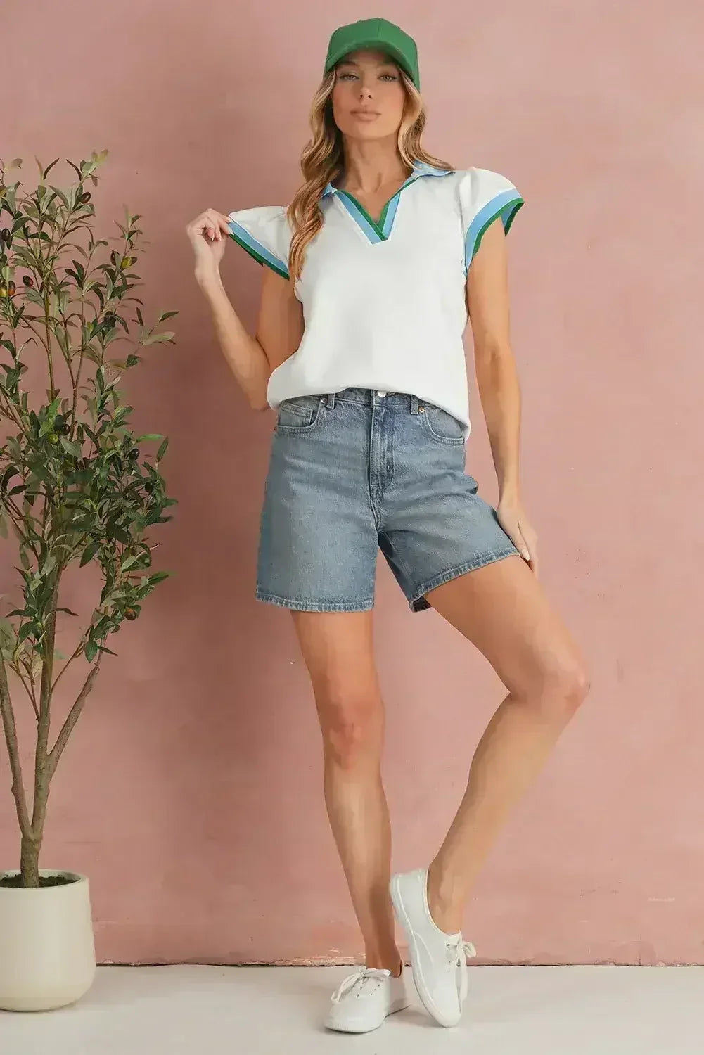 Beau Blue Color Collared V Neck Ruffle Sleeve Blouse | Femstylo - Femstylo