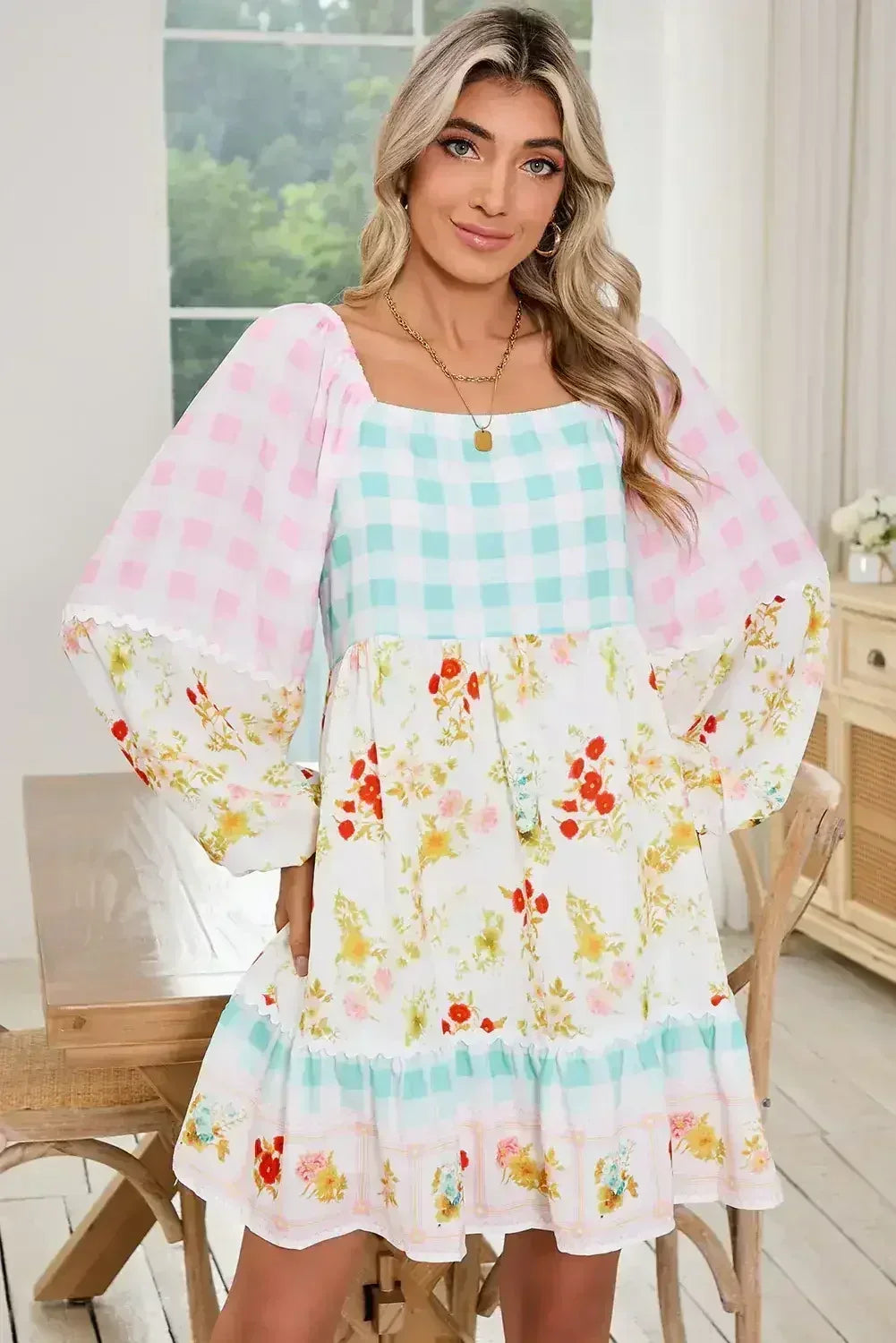 Pink Boho Floral and Plaid Patchwork Ricrac Lantern Sleeve Dress - Femstylo