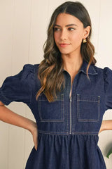 Dirty Blue Puff Sleeve Half Zipper Denim Flowy Dress - Femstylo