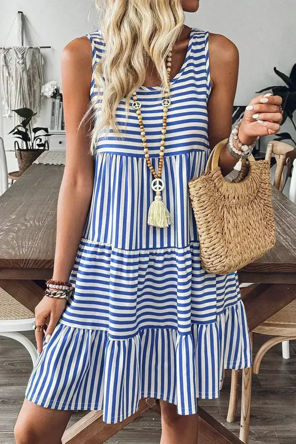 Black Stripe U Neck Sleeveless Loose Fit Mini Dress - Femstylo