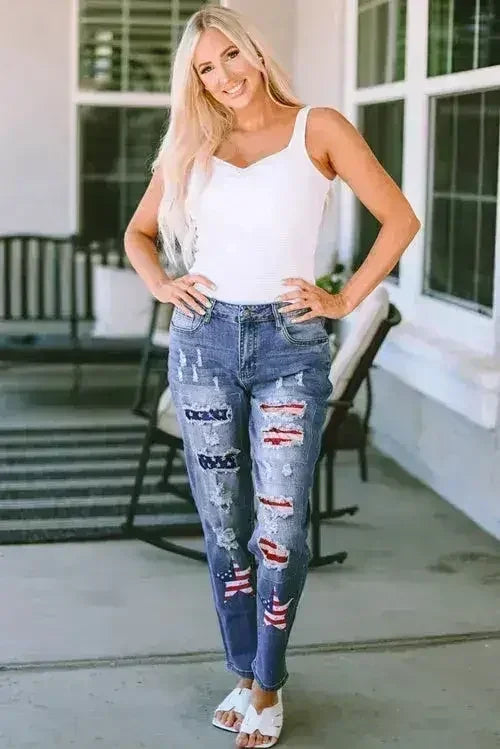 American Flag Patched Distressed Jeans - Femstylo