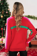 Fiery Red Colorblock Striped Long Sleeve Knit Sweater