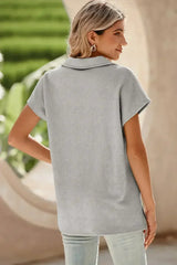 White Textured V Neck Collared Split Hem T Shirt - Femstylo