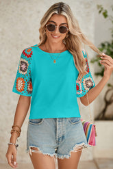 Turquoise Boho Hollowed Floral Crochet Sleeve T Shirt