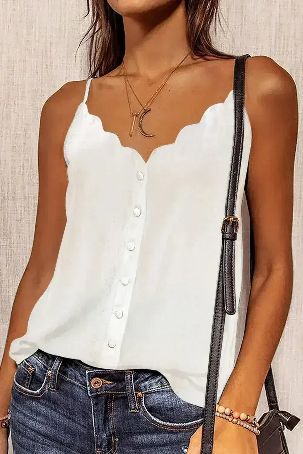 White Spaghetti Straps Buttoned V Neck Vest - Femstylo