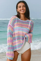 Purple Striped Hollow Knit Summer Beach Cover Up - Femstylo