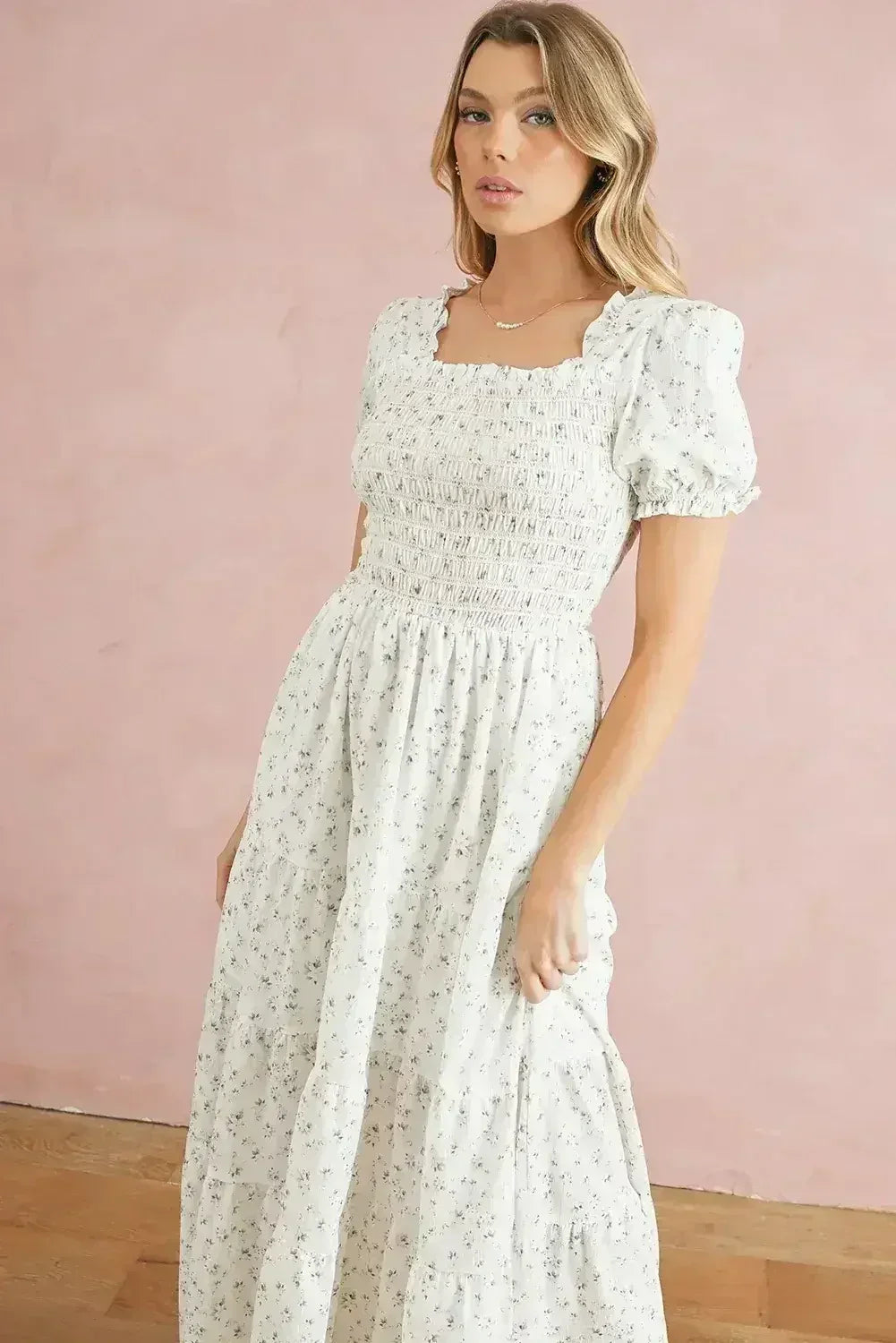 White Frill Neckline Shirred Bodice Floral Maxi Dress - Femstylo