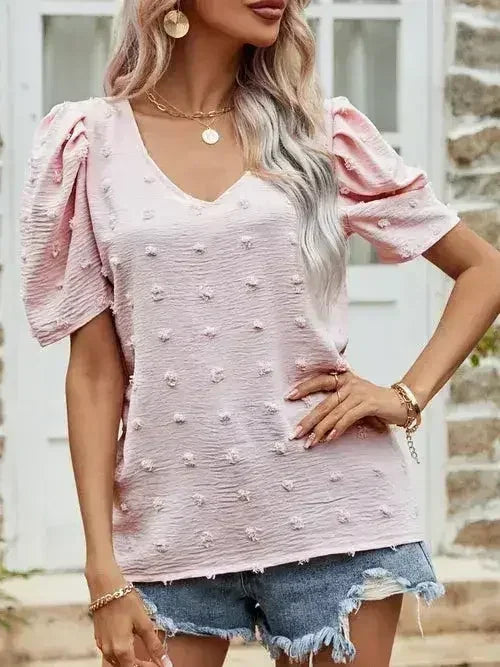 Blush Pink Swiss Dot Short Puff Sleeve Top | Femstylo - Femstylo