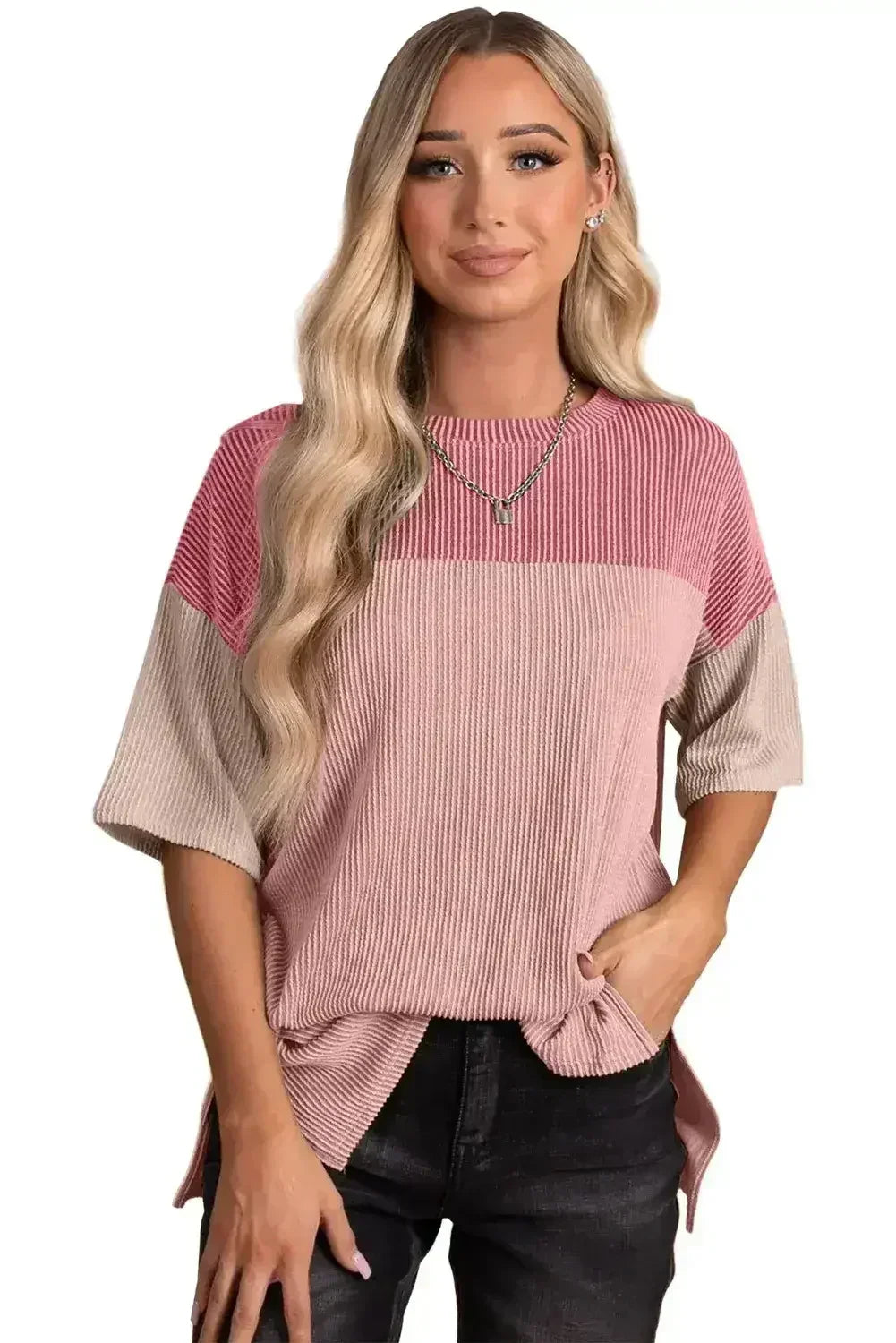 Black Color Block Ribbed Side Slits Half Sleeve Top - Femstylo