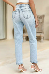 Sky Blue Light Wash Frayed Slim Fit High Waist Jeans - Femstylo