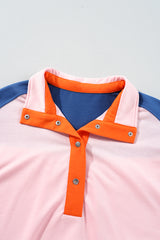 Gossamer Pink Color Block Half Buttoned Ruffled Short Sleeve Pop of Color Neckline T Shirt