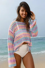 Purple Striped Hollow Knit Summer Beach Cover Up - Femstylo