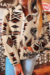 Beige Vintage Geometric Half Zip Plush Sweatshirt